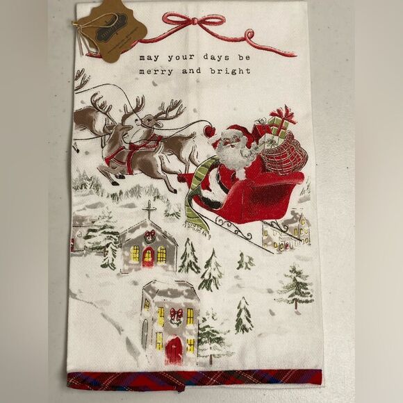 NWT Mudpie May Your Day Be Merry & Bright Santa Sleigh Printed Kitchen Towel - Picture 3 of 5